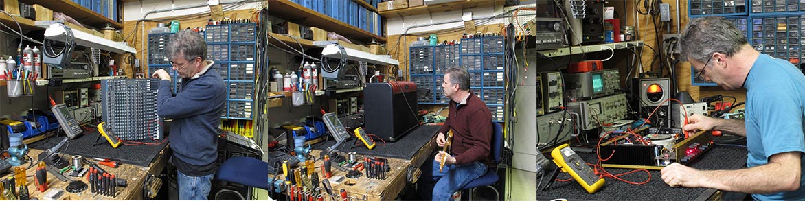 Allen & Heath Mixer on the bench under repair, Kustom Guitar amp being played through on the bench after repair , Marshall guitar amp chassis on the bench being repaired.